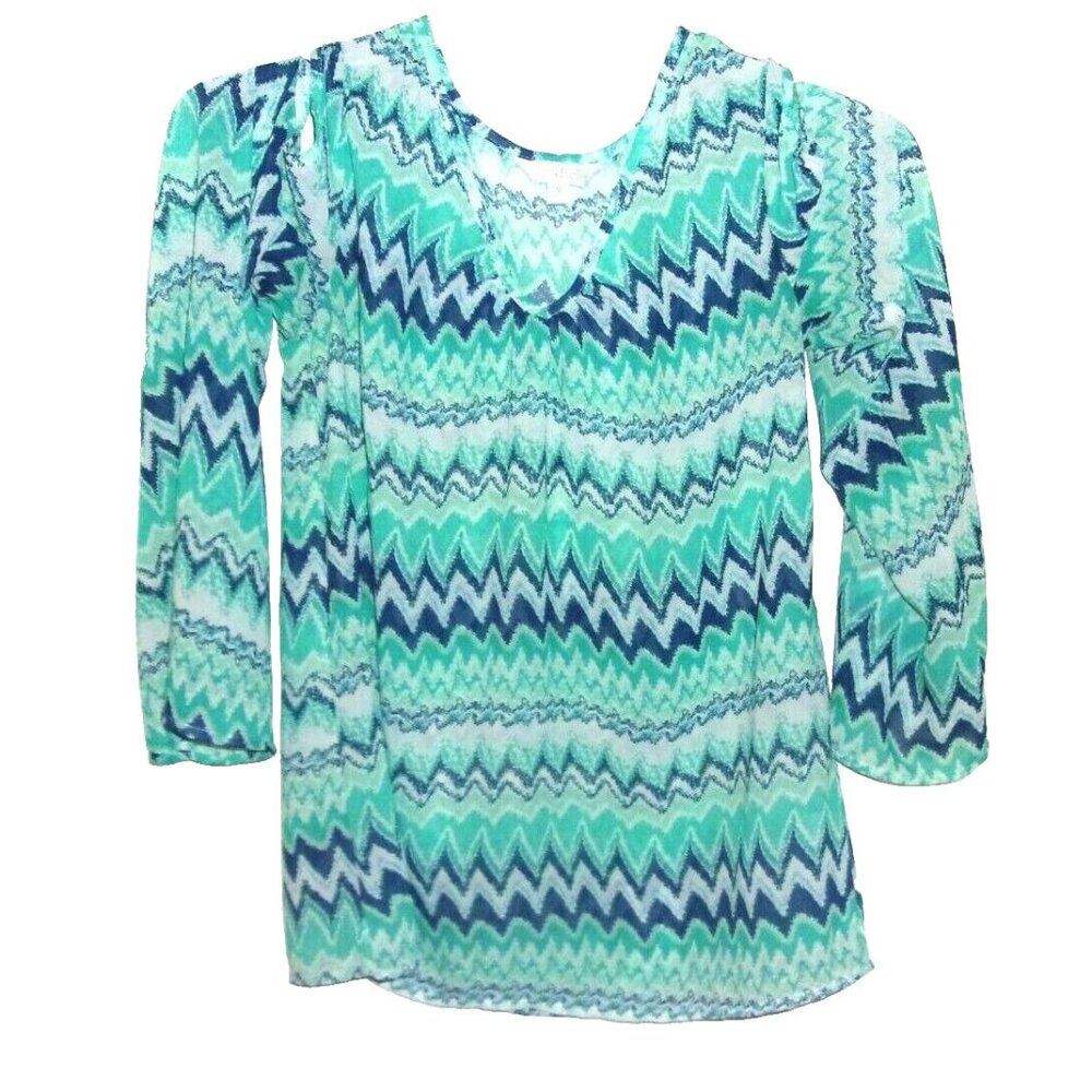 Charming Charlie Turquoise Blue White Chevron Slit Sleeve V-Neck Blouse Top S